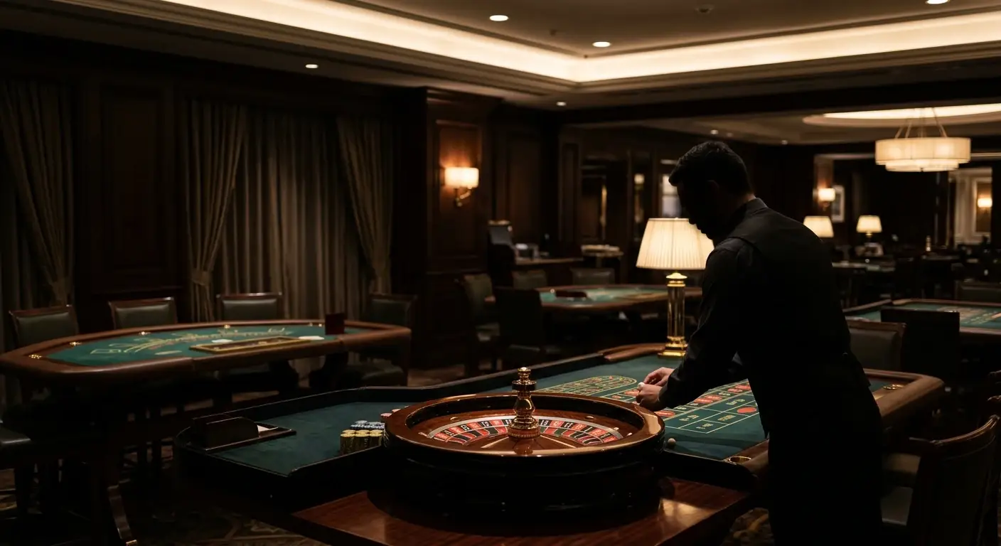 Live casino table with roulette, cards and a dealer silhouette