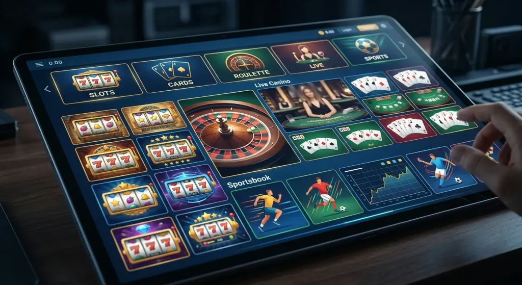 Slot reels, playing cards, live-table and sportsbook symbols
