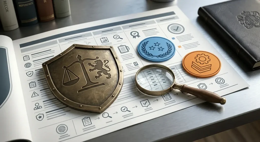 Licensing register, shield and jurisdiction symbols for regulatory comparison