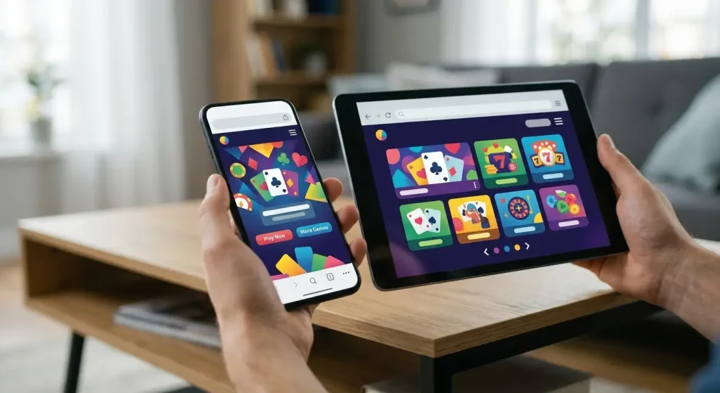 Smartphone and tablet with casino game, account and cashier interface symbols