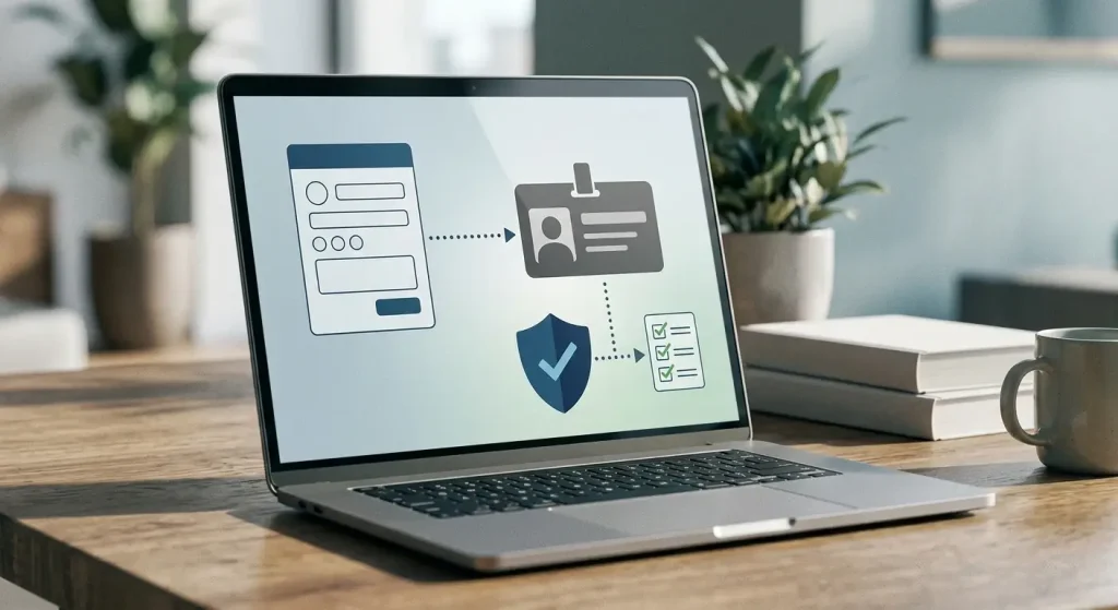 Account registration and identity-verification symbols with a form, ID silhouette and shield