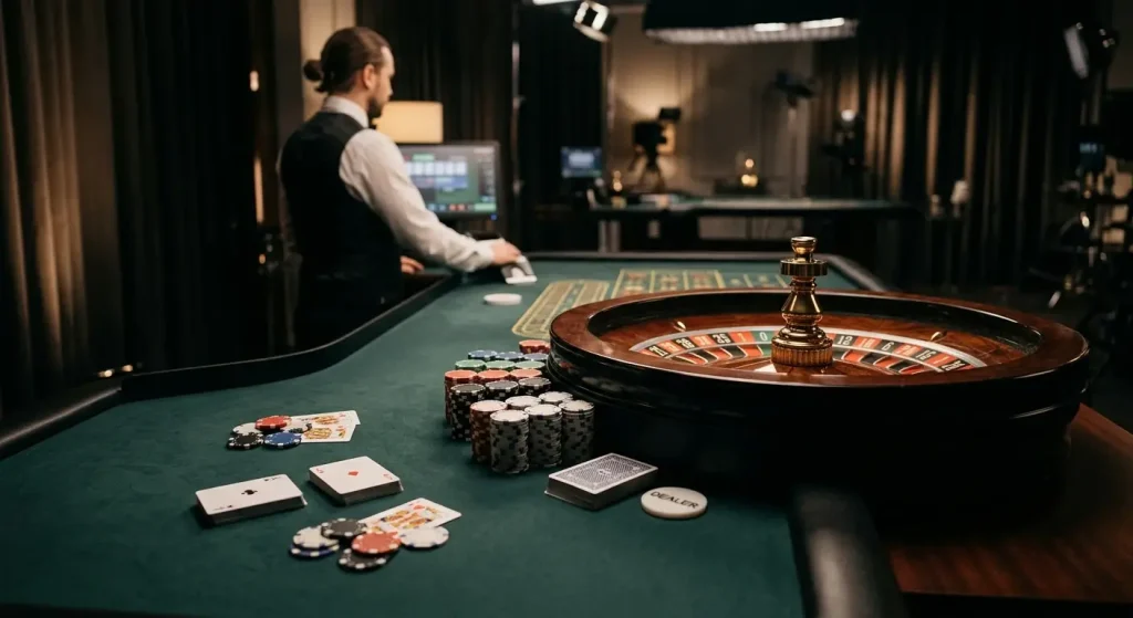 Live dealer casino scene with roulette wheel, playing cards and table lighting